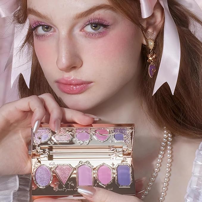 Flower Knows Violet Strawberry Rococo Eyeshadow Palette,Purple Pink Makeup Palette with 3 Matte + 2 Shimmer Shades,Blendable Smooth Cute Eye Makeup,0.21 Oz(Starmoon Strawberry)