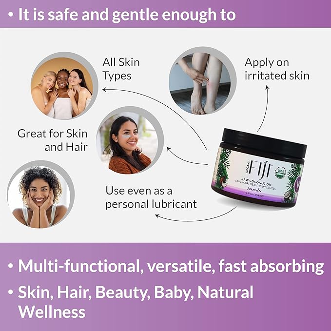 Organic Fiji Raw Cold Pressed Coconut Oil for Hair, Skin, Face & Body | Relaxing Massage Oil | Lavender,12 oz for Women Men & Baby