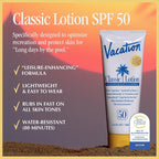 Vacation Classic Sunscreen Lotion SPF 50 & Air Freshener Bundle, Water-Resistant, Lightweight, Transparent on All Skin Tones, Dermatologist-Tested, Vegan, Travel Size, 3.4 Fl. Oz.