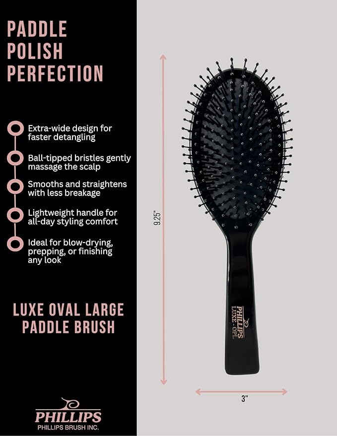 Phillips Brush Luxe Oval Paddle Hair Brush, Sleek Black Color with Gold Accents – 9.25 inch Detangler Paddle Brush from the Luxe Series by Phillips Brush