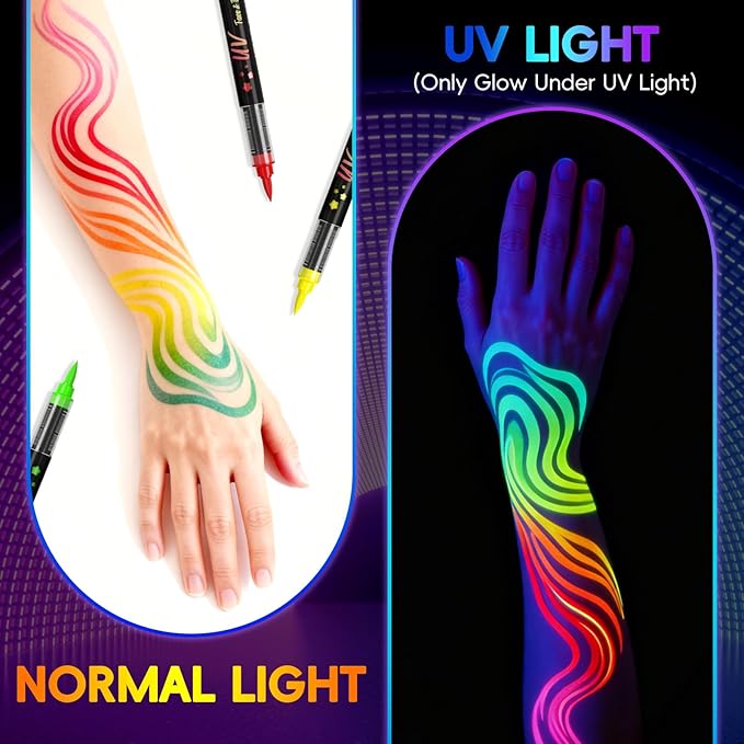 16-color luminous body painting, UV neon face painting pen, luminous face painting kit, washable skin tattoo pen, Halloween party makeup (16 colors)