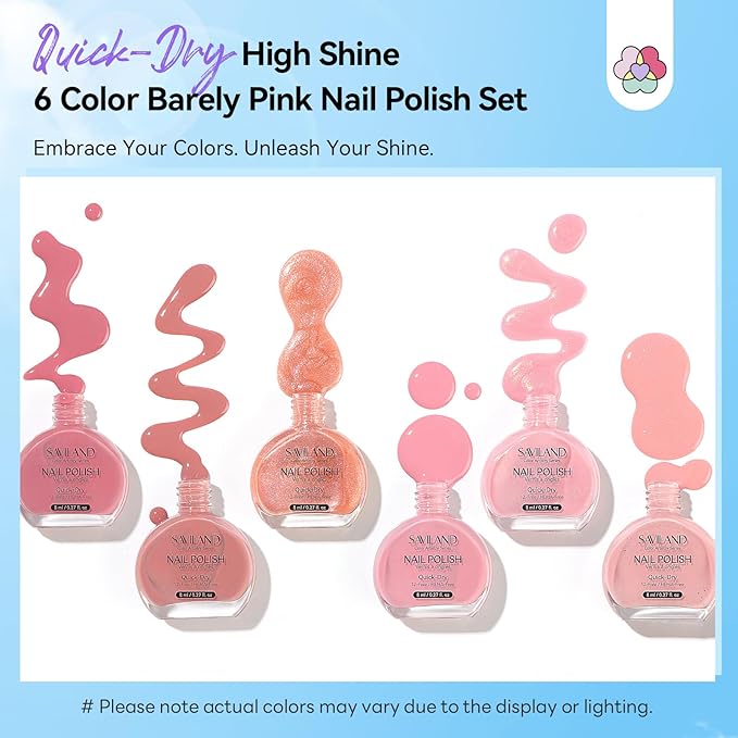 SAVILAND Pink Nude Nail Polish Set: 6-Color Quick Air Dry Nail Polish Shimmer Glitter Pearl Pink Fingernail Polish Set 12-Free Nail Lacquer DIY Home Christmas Gifts for Women 8ml