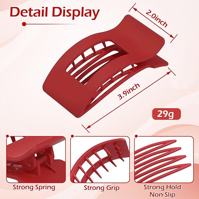 French Flat Hair Clips for Women 6pcs Hair Claw Clips for Thick or Thin Hair Matte Claw Clips for Girls Barrettes Non-Slip Strong Hold Hair Accessories for Women (Red)