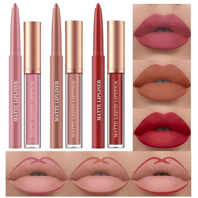 BestLand 6Pcs Matte Liquid Lipstick and Lip Liner Set, Non-Stick Cup Not Fade Waterproof 24 Hour Lip Gloss Nude Brown Lip Liner Pencil for Women, labiales mate 24 horas originales (Set F)