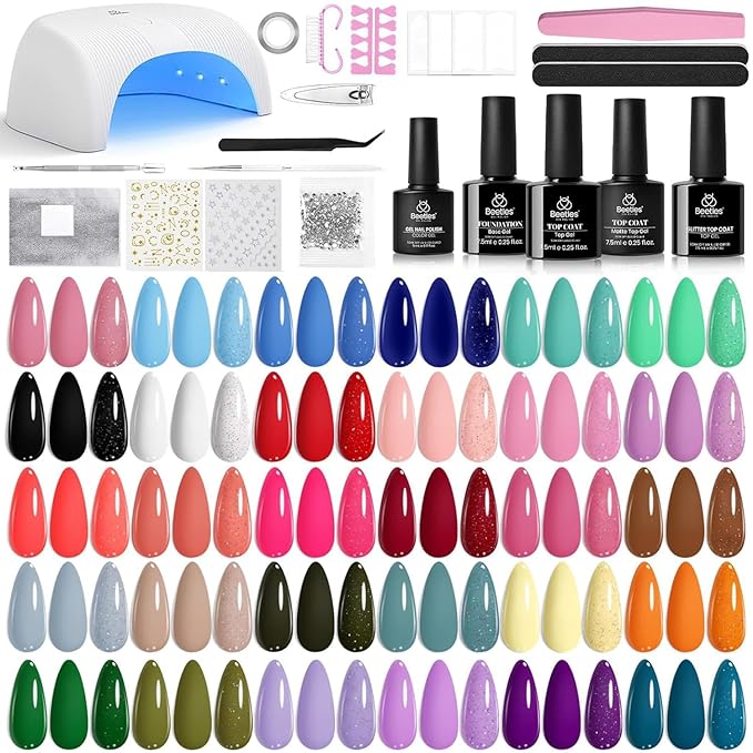 Beetles Gel Nail Polish Kit with U V Light - 32 Colors Gel Polish 54 Pcs Nail Kits with Base and Glossy Top Coat Soak Off DIY Salon Beginner-friendly Manicure Nails Stuff Gifts for Women Teens Girls
