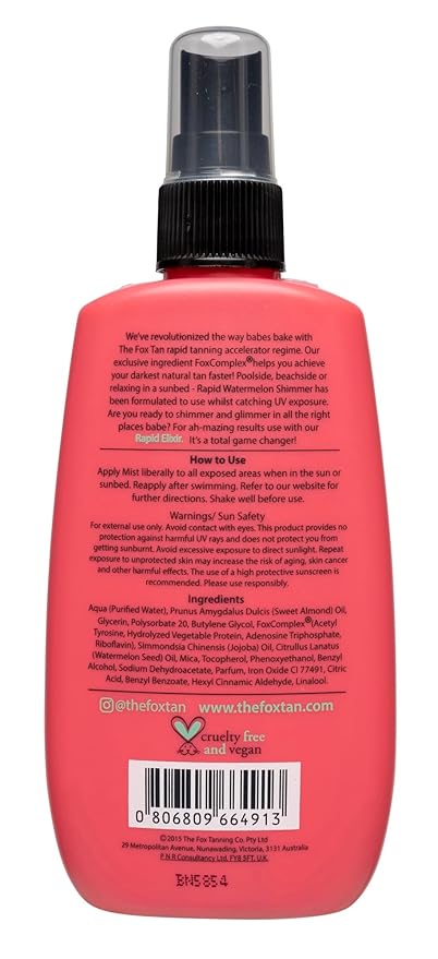 The Fox Tan Rapid Watermelon Shimmer, Natural Tanning Accelerator For Darker & Long-Lasting Tans, Blurs Imperfections, Vegan & Cruelty Free, 120 mL