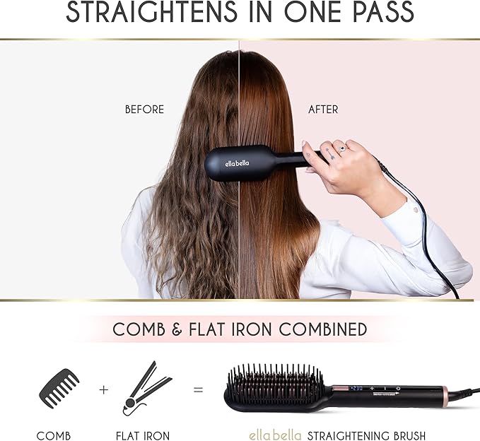 ELLA BELLA® Hair Straightening Brush • Heated Straightener Brush Comb • Straightens in 1 Pass • Ionic Technology for Healthier Hair • Suitable for All Types