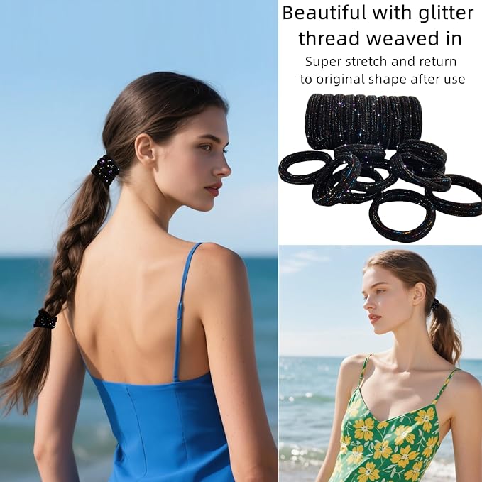 Large Stretch Thick Hair Ties for All Hair Types Seamless Glitter Hair Ponies Elastics Ponytail Holders Hair Scrunchies for Thick Hair Hair Accessories Women Girls 20-Pack