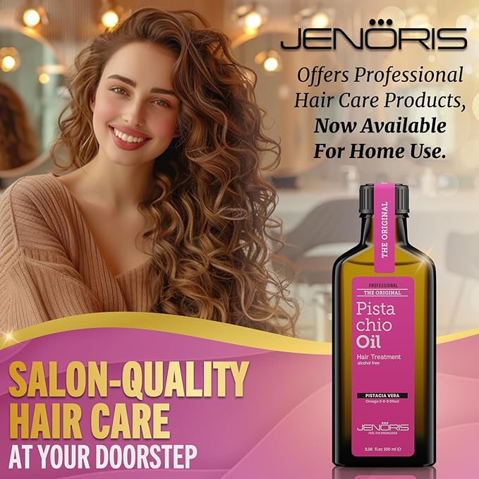 Jenoris Pistachio Oil Hair Serum for Frizzy and Damaged Hair, Lightweight Hair Oil for Dry Hair with Omega 3-6-9 Complex, Anti-Frizz Hair Serum for Shine, Hydration & Split-End Treatment, 3.38 fl.oz