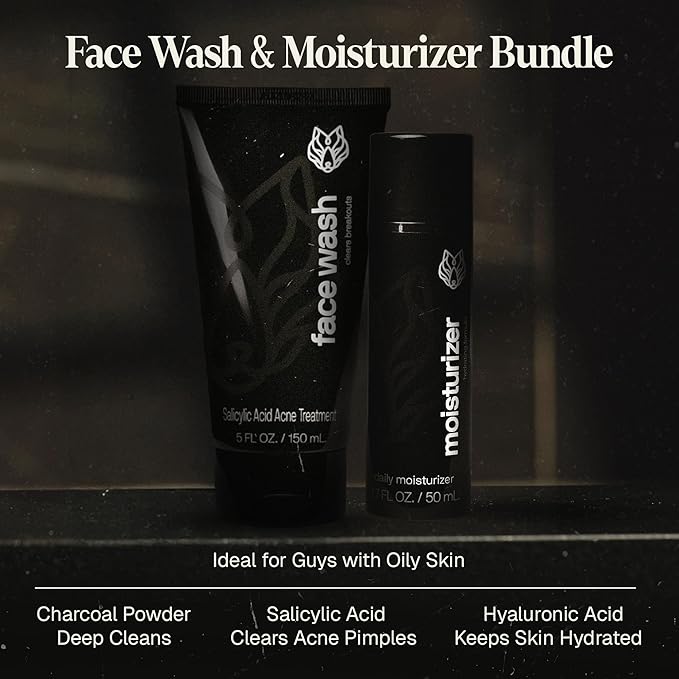 Black Wolf Face Wash and Oil-Free Moisturizer Gel Bundle for Oily Skin, Deep Clean- 2pc Bundle- Charcoal Powder and Salicylic Acid Reduce Acne Breakouts and Cleanse Your Skin- Gift Set for Men