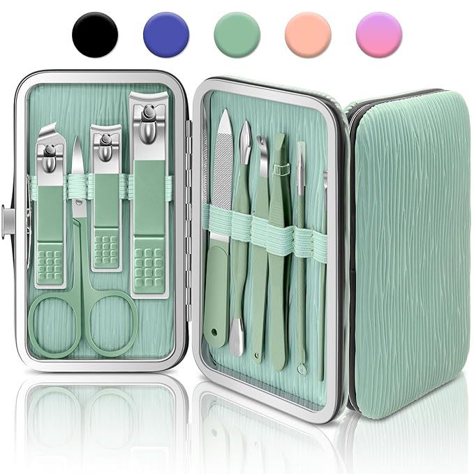 BLESWIN 10-Piece Nail Clipper Manicure Set, Professional Small Nail Care Kit , Nail Clipper Set for Women Men, Ladies Compact Manicure Tools in Case Green Leather Nail Care Gift Set.