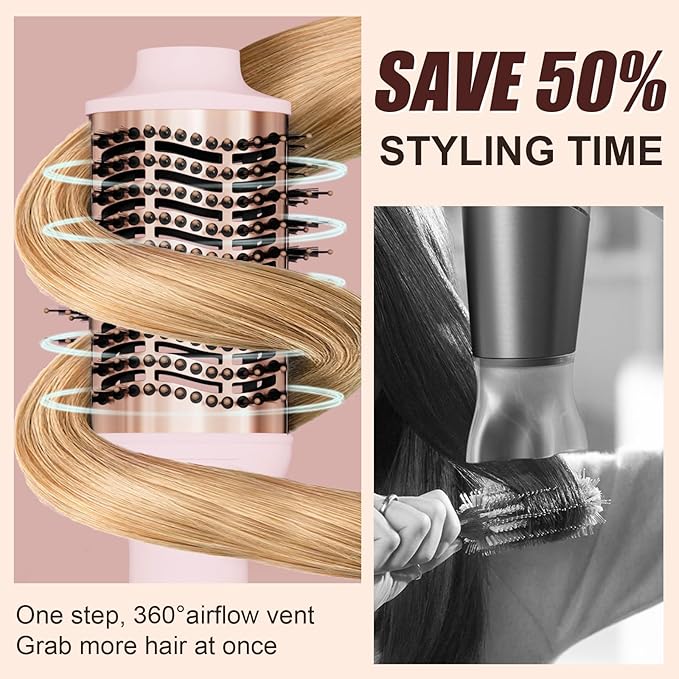 Big Size 1200W Dual Voltage Hot Air Brush Dryer, 110-240V 4 in 1 Ionic Blowout Hair Dryer Brush & Styler Volumizer with 75MM Oval Titanium Barrel for Long & Thick Hair