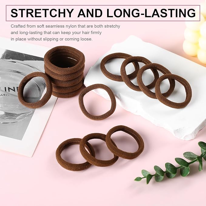 LuSeren 120 Pcs No Damage Hair Ties for Thick Hair, Large Soft Seamless Nylon Hair Elastics for Women, Ponytail Holders, Hair Accessories – brown