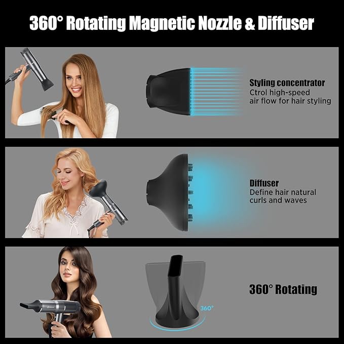 Blow Dryer with Diffuser, IG INGLAM Professional Hair Dryer 110,000RPM Brushless Motor High Speed Low Noise, 3 Heat Settings & 3 Speed & Cold Settings, Powerful Ionic Hair Dryer for Salon Travel Gift