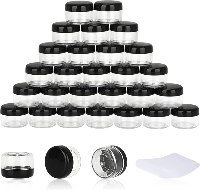 200PCS 5 Gram Sample Containers, 5ml Empty Jars with Lids, Small Cosmetic Containers, Mini Sample Jars with 16PCS Mini Spatulas for Make Up, Oils, Lotion, Powder, Paint, Jewelry, Lip Balms(Black Lid)