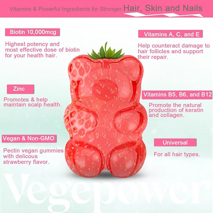 Biotin Gummies for Hair Growth 10000mcg - Vegan Biotin Vitamins Supports Healthy Hair, Skin and Nails, Hair Vitamin Gummy for Women & Men - Non-GMO, Chewable Supplement