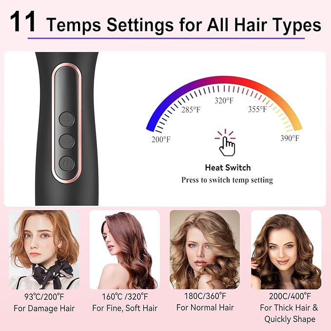 Thermal Brush Set 3-in-1 Curling Iron Brush Set, Dual Voltage 110-220V Thermal Hair Brush with 11 Temp Settings, 3 Interchangeable Travel Curling Irons (1.25“, 1.5”, & 1.75" Barrels) (Pink)