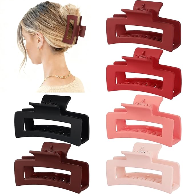 3.5 Inch Medium Hair Claw Clips 6 Pack Hair Clips for Women Square Rectangle Claw for Hair Banana Jaw Clips Hair Accessories for Girls -Red