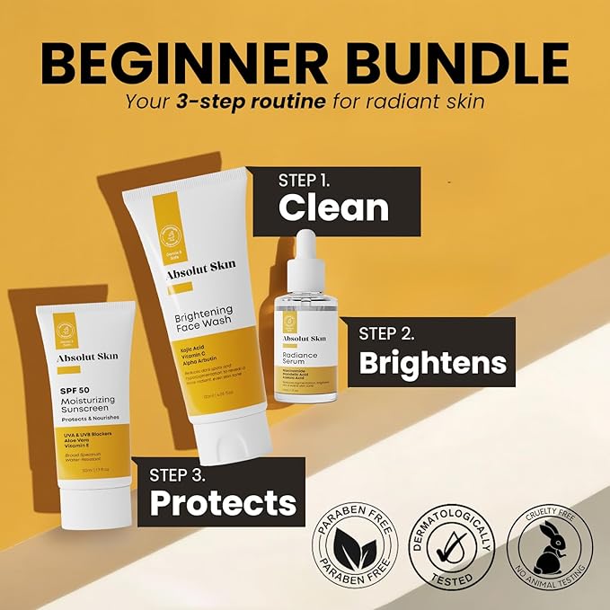 AbsolutSkin Beginner Bundle – 3-Step Brightening Skincare Set for Dull Skin – Includes Face Wash, Radiance Serum & SPF50 Cream – Dermatologist-Formulated