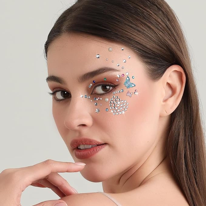 FANDAMEI Face Glitter Face Gems, 40 Colors Glitter Gel Palette with 6 Sheets Self Adhesive Hair Gems, Face Jewels for Women. Face Rhinestones Pearls for Women, Body Hair Glitter