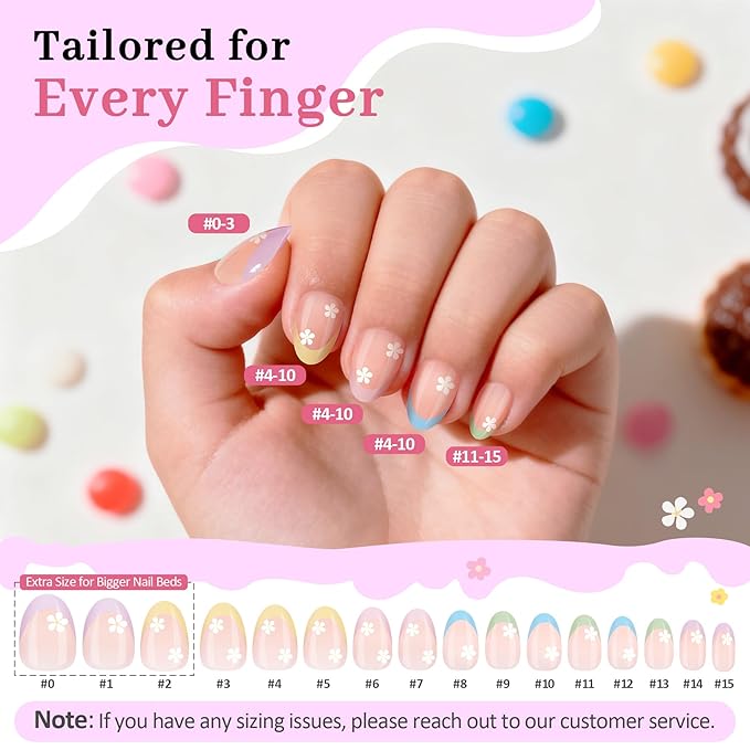 16 Sizes Press on Nails Kit for Kids - 32 Pieces French Almond Fake Nail Tips for Girls 8-12 Years Old with Jelly Nail Adhesives & No-Lamp Nail Glue, Birthday Christmas Gifts (Colorful Flower)