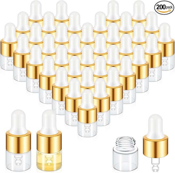 200 Pcs Mini Glass Oil Dropper Bottle Bulk, Clear Essential Small Empty Bottles Sample Containers Perfume Liquid Vials with Cap for Traveling (1 ml,Gold)