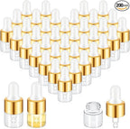 200 Pcs Mini Glass Oil Dropper Bottle Bulk, Clear Essential Small Empty Bottles Sample Containers Perfume Liquid Vials with Cap for Traveling (1 ml,Gold)