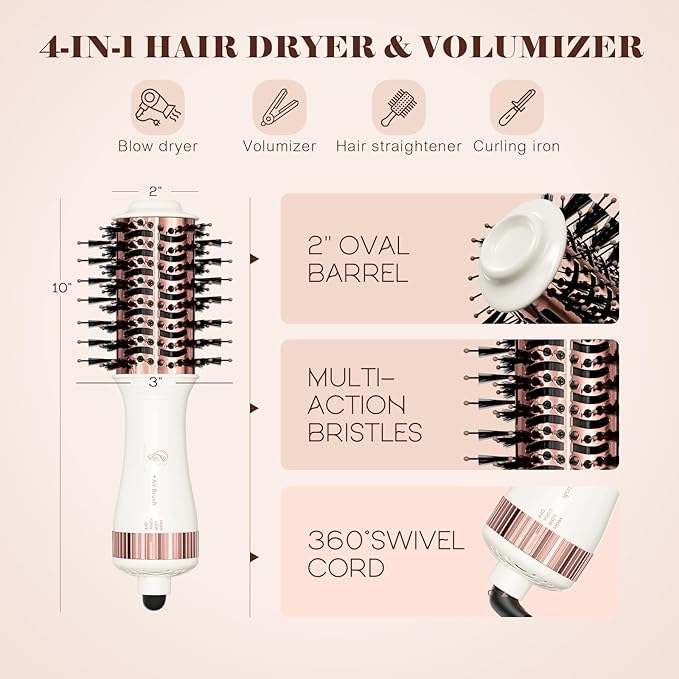 Travel Blow Dryer Brush in one, Dual Voltage 110V-240V Mini Hot Air Brush, Hair Trends Nano Titanium 2 Inch One Step Hair Dryer and Styler Volumizer Oval Shape