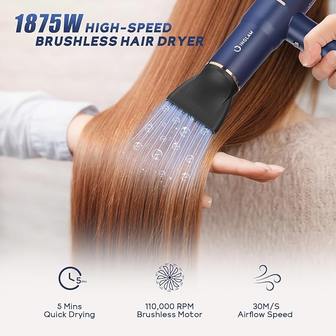 Diffuser Hair Dryer, IG INGLAM Professional Blow Dryer 110,000 RPM High Speed Brushless Motor Negative Ion Low Noise,3 Heat Settings & 3 Speed & Cold Settings, Compact Salon Ionic Hair Dryer