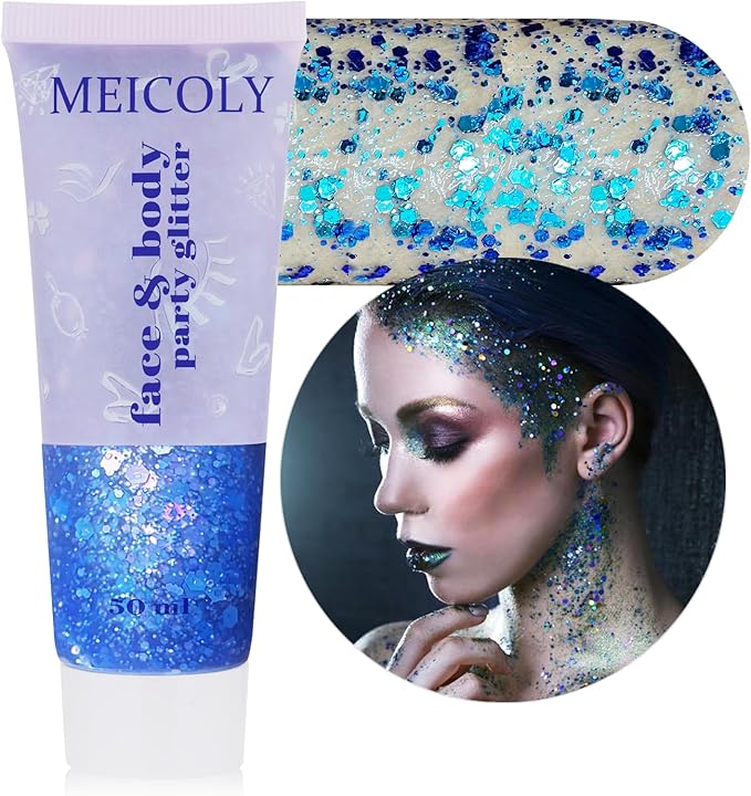 MEICOLY Chameleon Blue Hair Glitter,Chunky Face Glitter Gel,Color Changing Mermaid Singer Concerts Sparkling Glitter for Face Body,Halloween Festival Party Makeup,50ml