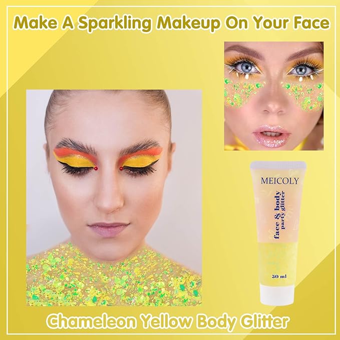 MEICOLY Chameleon Yellow Body Glitter,Chunky Yellow Face Glitter for Halloween,Color Changing Mermaid Hair Glitter Face Paint,Festival Party Cheer Glitter,50ml