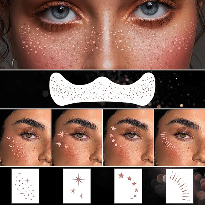 20 Pcs Face Makeup Patches, Glitter Freckles Face Tattoo for Teenagers & Young Women, Sparkle Freckles Makeup Patches, Waterproof Face Glitter Freckles for Christmas (Rose Gold)