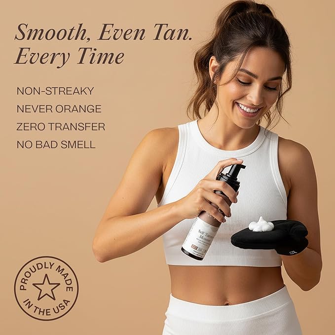 Self Tanner Tanning Mousse Kit - USA Made with Natural & Organic Ingredients, Self Tanner Mousse and Mitt, Tan Kit, Fake Tan Tanning Foam, Fair to Medium, Sunless Tanners Best Sellers