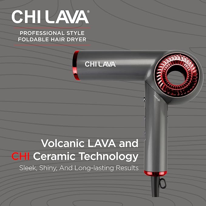 CHI Lava Brushless Motor Hair Dryer, Foldable Design, Faster, Quieter Drying, Reduces Frizz & Enhances Shine, Customizable Heat & Speed Settings