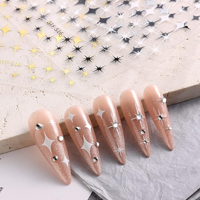 12 Sheets Gold Star Nail Art Stickers Decals 3D Self Adhesive Gold White Black Star Design Nail Art Decal Supplies Accessories for Women Acrylic Manicure DIY Decoration
