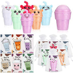 24 Sets Milk Tea Shaped Cute Lip Balm Fruit Flavored Lip Balm with Milk Tea Theme Gift Cards Milk Tea Boba Lover Birthday Baby Shower Party Inspirational Gifts Favors for Girls Kids Women