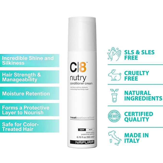 NAPURA C8 Moisturizing Conditioner Cream (6.76 fl oz) for Dry, Damaged Hair - Cashmere Proteins, Jojoba & Avocado Oils - Hydrates, Nourishes & Adds Shine