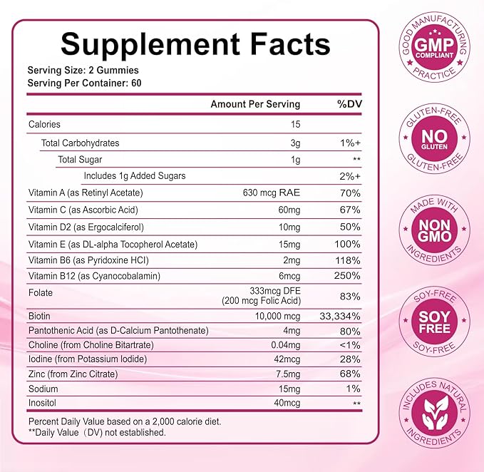 Hair Skin and Nails Gummies, Biotin(10,000mcg) Hair Skin and Nails Vitamins Supplement for Women, Men Supports Faster Hair Growth, Stronger Nails, Healthy Skin, 120 Count