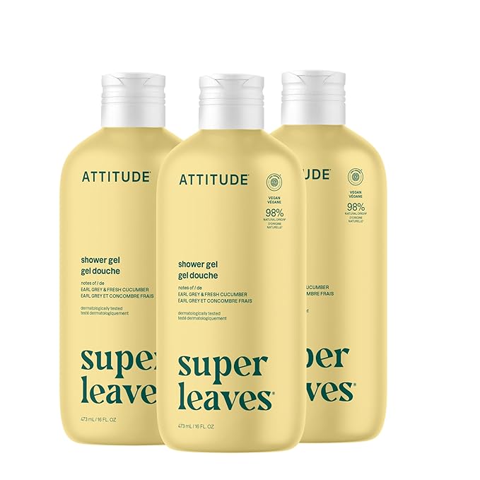 ATTITUDE Body Wash, EWG Verified Shower Gel, Dermatologically Tested, Plant and Mineral-Based, Vegan Personal Care Products, Earl Grey & Fresh Cucumber Scent, 16 Fl Oz (Pack of 3)