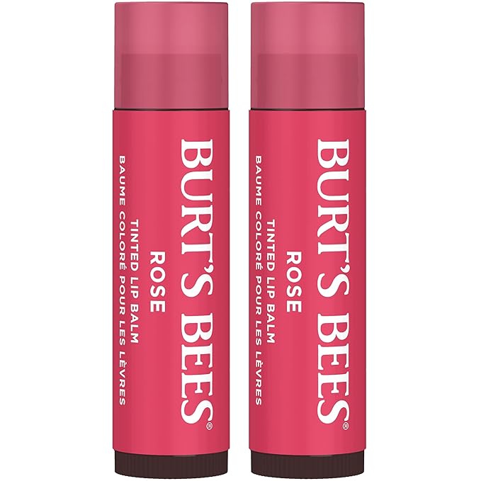 Burt's Bees Lip Tint Balm Stocking Stuffers Gifts, Long Lasting 2 in 1 Duo Tinted Balm Formula, Color Infused with Hydrating Shea Butter for a Natural Looking Buildable Finish, Petal Rose (2-Pack)