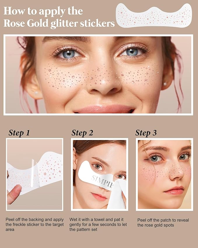 Body Face Glitter Rave Festival Pride Party Accessories - Rose Gold Waterproof Face Tattoos Speckles Makeup Patches for Women - 8 Counts