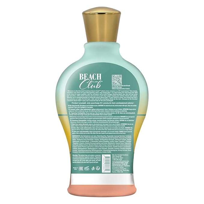 Devoted Creations Beach Club - Exclusive Skin Softening Copper Peptides + Elite Collagen Banking Complex with Peach Nectar & Acai Berry Extracts Indoor/Outdoor Dark Tanning Lotion