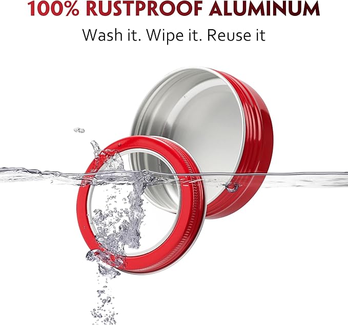 24 Pack 2 Ounce Screw Top Aluminum Tin Jar with Screw Clear Lid and Blank Labels, Refillable 60ml Metal Containers for Lip Balms, Candles, Salves, Spices, Crafts (Red)