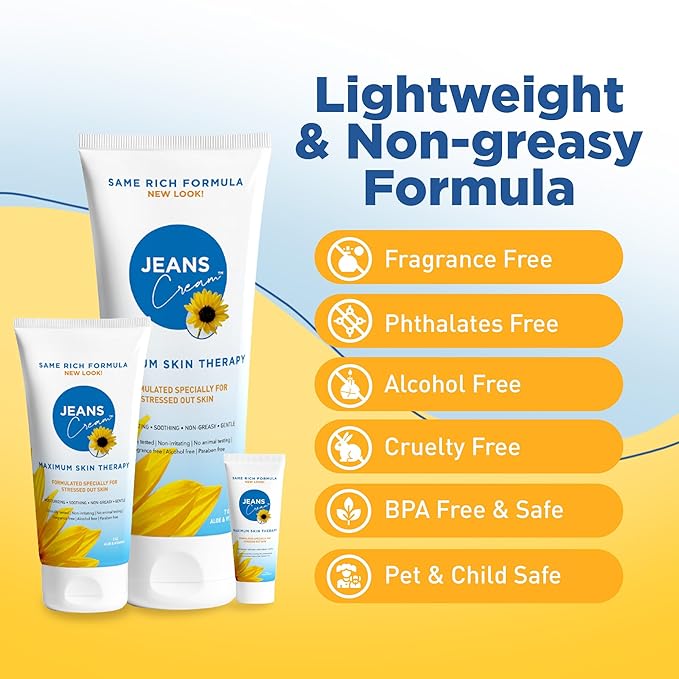 Jeans Cream, Maximum Skin Therapy Radiation Burn Cream, Moisturizing Vitamin E and Aloe Vera Cream for Compromised Skin, Minor Cuts, Sunburn and More, Non-Greasy Formula, Gift Set