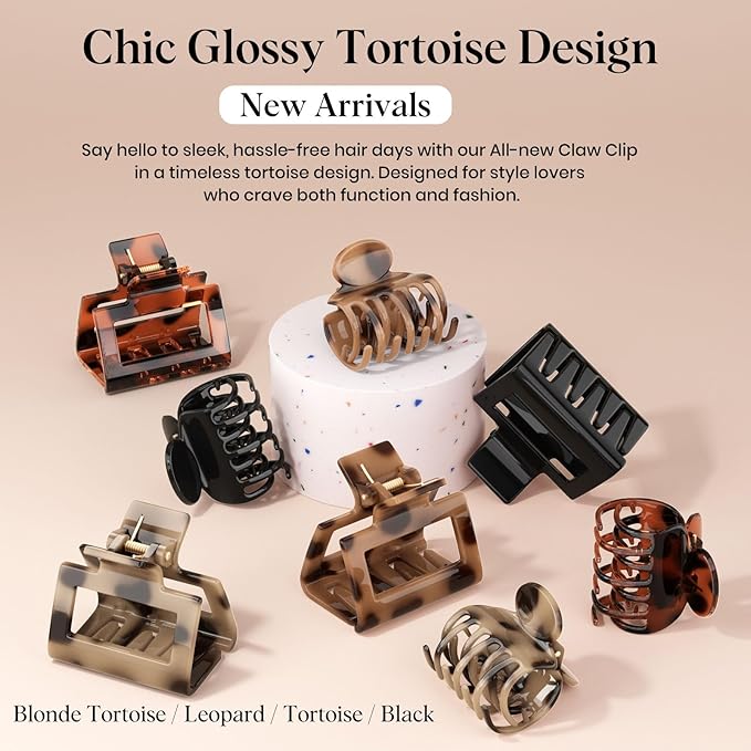 8 PCS Medium Hair Clips for Women Girls - 2 Styles Rectangle and Double Row Teeth Small Claw Clips for Thin Thick Hair, Strong Hold Jaw Clips Stylish Leopard Print Hair Accessories, Tortoise