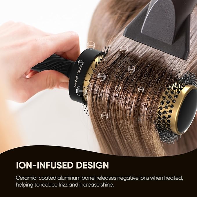 2 in 1 Ceramic Round Brush for Blow Drying,Ceramic Barrel for Hair Styling, Anti-static Bristles, Enhance Texture Volume, for Women & Men,with 4 Hair Clips (2.1 Inch&1.3 Inch)