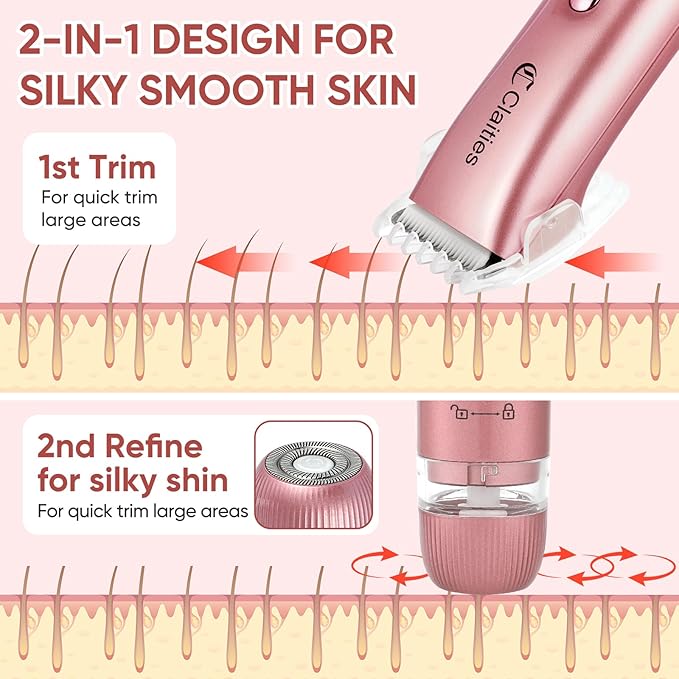 2 in 1 Women Electric Shaver Dual Head Bikini Trimmer for Women IPX7 Waterproof Wet & Dry Use Body Hair Trimmer and Facial Hair Remover for Bikini Underarm Leg Arm Body Face（Rose Gold）
