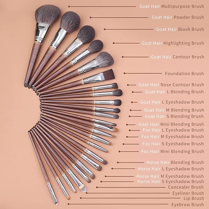 Deluxe Natural Goat Hair Makeup Brush Set with Case, 24 Cosmetic Brushes Makeup Set, Wooden Natural Makeup Brushes, Natural Bristle Makeup Brush, Natural Hair Makeup Brushes Set Professional.