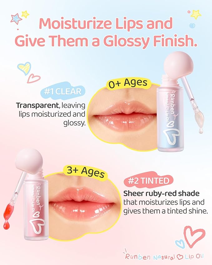 RUNBEN Kids Tinted Lip Oil, 48H Lasting Moisturizing, Glossy Lip Glow Oil, Safe & Non-toxic Makeup for Girls & Teen （Red）