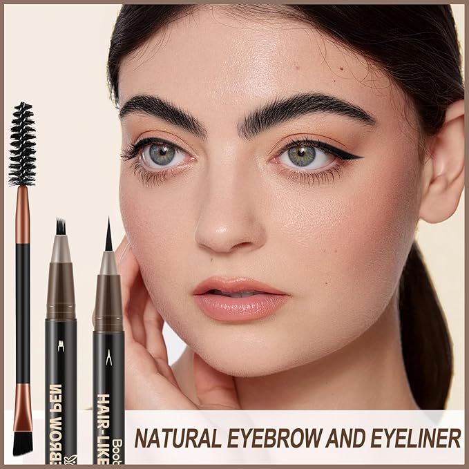 Boobeen 3pcs Waterproof Eyebrow Pen，Dual-Ended Eyeliner Microblading Eyebrow Pencil for Women，Long Lasting Hair-Like Brow Pen with Brow Brush，Dark Brown